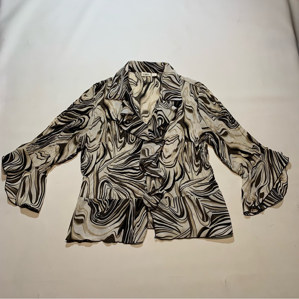 Cato Women's Bell Sleeve Black White Swirl Print Front Ruffle XL Button Up